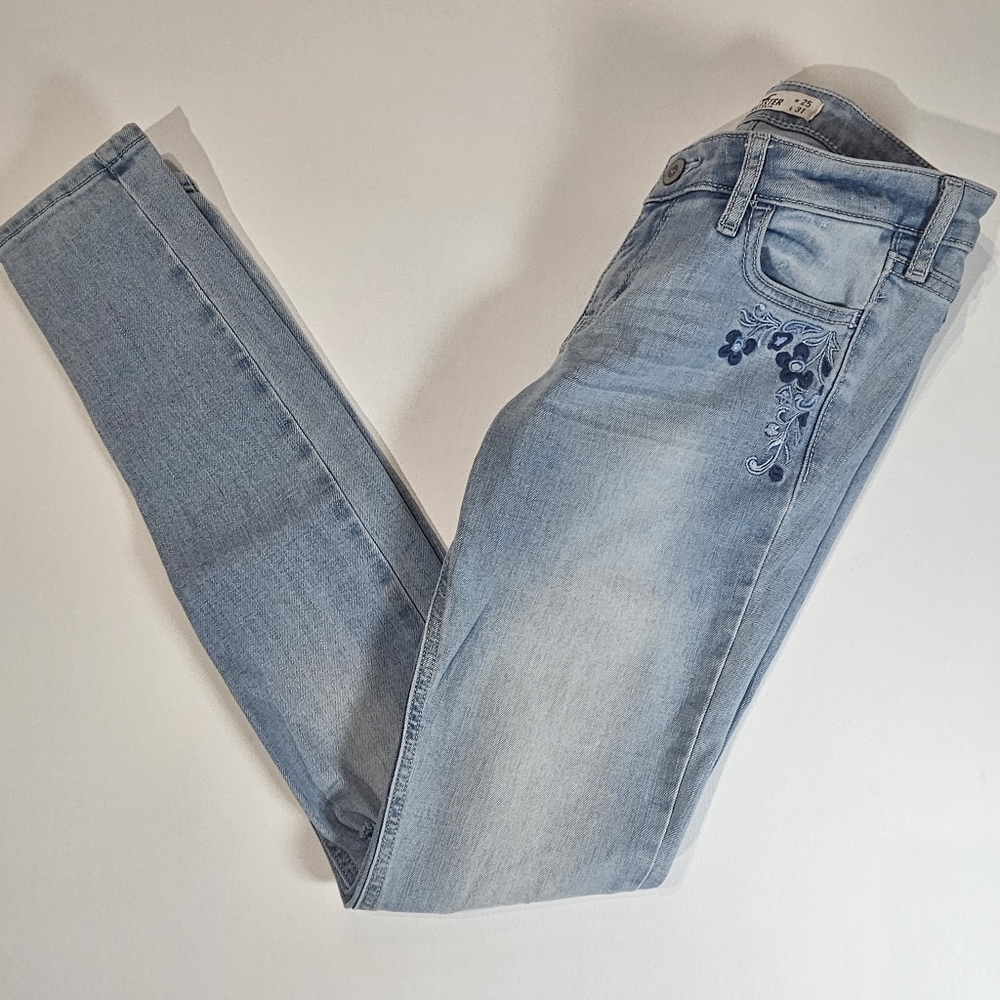 Hollister Jeans Womens Size 1R Light Wash Skinny Embroidered Floral‎ Pockets Y2K